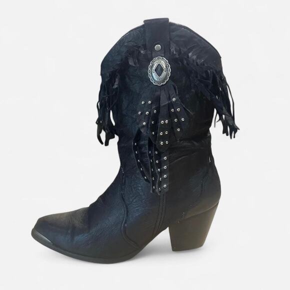 Vintage Shoes - Vintage American West Black Leather Fringe Western Cowgirl Boots Size 8